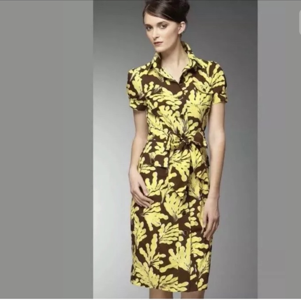DVF Clio Shirt Dress Yellow floral Ties Diane Von Furstenberg Short Sleeve